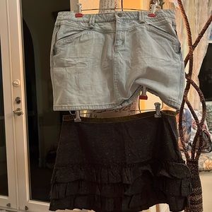 2 skirts jeans is a tilt size 13 and brown with ruffles skirt is American rag!